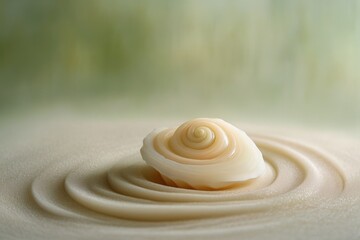 A spiraled seashell rests gently on a calm, beige surface, creating concentric ripples.