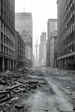 Fototapeta Grayscale City Street Amidst Destruction