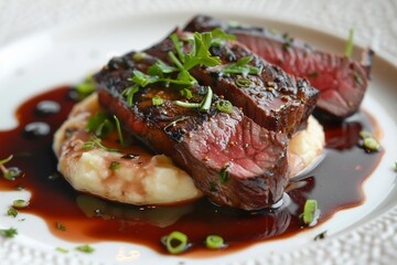 Irish Venison Loin seared rare, served with celeriac pure, elderberry jus, and charred leeks, upscale plating on textured