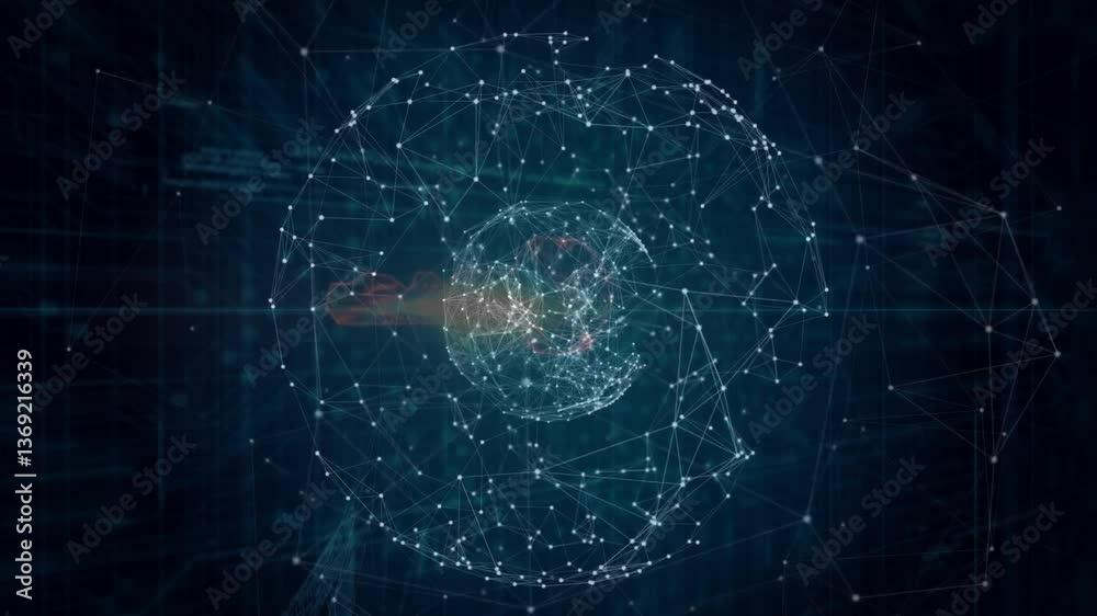 Poster animation of network nodes forming spherical structure on dark background