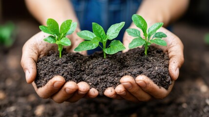 Hands Holding Fresh Green Seedlings in Dark Soil for Sustainable Gardening