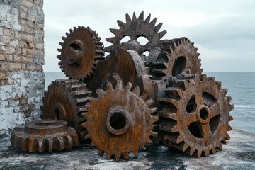 Rusty gears, a monument to industry, stand near an old stone wall overlooking the sea.