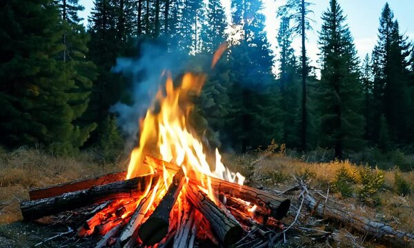 Bonfire Burns in the Pine Forest in the Summer at Daytime. Flaming Campfire, Place for Bonfire. Fire Pit Outdoors, Wood on Fire, Flying Sparks and Smoke. Travel and Tourism Concept - Static Shot