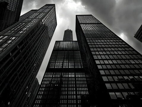Low Angle View of Monochrome Skyscrapers Against Cloudy Sky