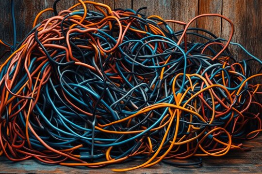 A tangled mess of colorful wires and cables, creating a complex and chaotic scene.