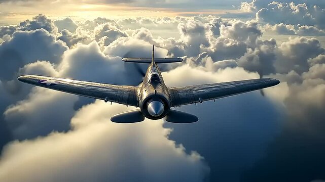 Vintage aircraft soaring through fluffy clouds at sunset, showcasing aviation history and freedom