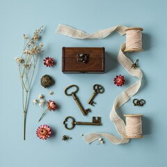 Antique Keys and Wooden Box with Vintage Spools on Pastel Background for Creative Decor Ideas and Craft Inspiration