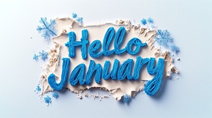 Hello January with snowflakes background texture. Hello January in icy blue typography, decorated with delicate snowflakes and frost patterns, isolated on a white background