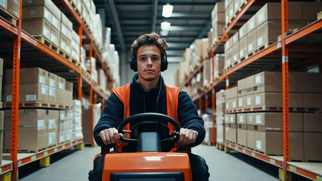 Warehouse worker: A warehouse worker navigating the storage space on a machine, wearing headphones, amid neat rows of cardboard boxes, symbolizing efficiency and work.