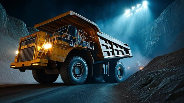 Giant Haul Truck in a Mine: A massive haul truck, illuminated by powerful lights, navigates a dim mining environment, showcasing its size and heavy-duty engineering.