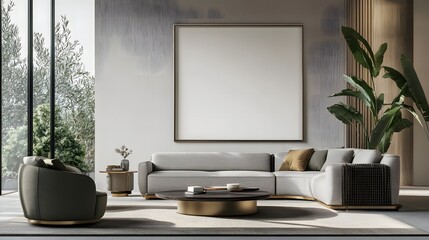modern living room with white blank picture frame