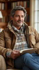 Obraz premium Thoughtful Middle-Aged Man Relaxing with Book in Cozy Living Room