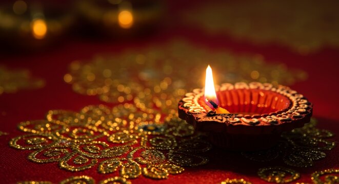 Lit Clay Diya Lamps for Diwali Celebration - Powered by Adobe