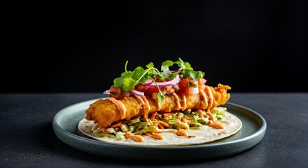 Delicious crispy fish taco with vibrant slaw and fresh cilantro garnish on plate
