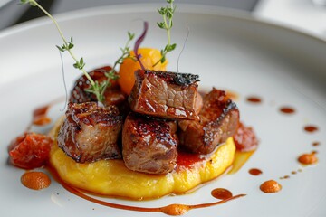 Haitian Griot pork cubes plated with pikliz sphere, plantain puree swirl and thyme