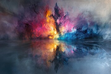 Vibrant nebula reflected in a calm, dark water, creating a surreal and dreamy cosmic landscape.
