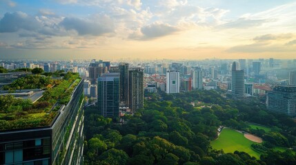 Obraz premium A panoramic view of a city skyline with greenery and a golf course at sunset.