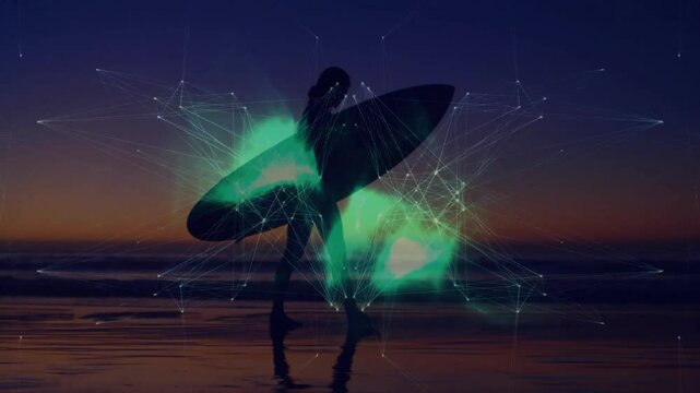 Surfer walking on beach with digital network animation overlay at sunset