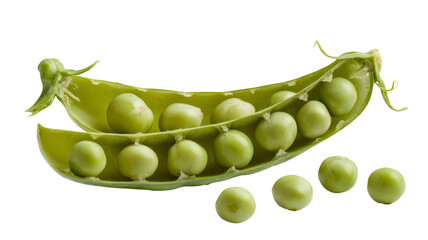 green pea pod with peas, isolated on white background