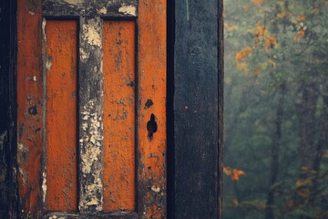 A weathered orange wooden door with peeling paint stands against a blurred autumnal forest background.