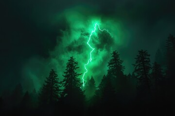 Fototapeta premium A vibrant green lightning bolt strikes through a dark, misty forest at night.