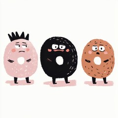 Fototapeta premium Playful Donut Characters Pink, Black, and Brown Donught Illustration