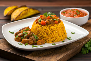 Chivos plate with yellow rice, goat stew and salsa served on wooden table