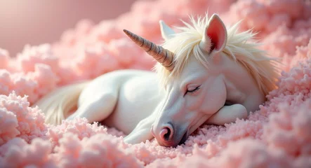 a peaceful scene of a white unicorn lying on a soft, fluffy, pink surface.
