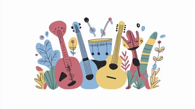colorful musical instruments in whimsical style clip art preview