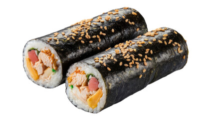 delicious kimbap rolls with chicken and sesame seeds, isolated