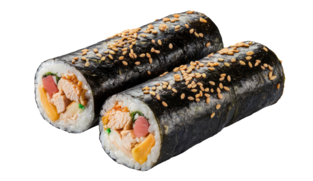 delicious kimbap rolls with chicken and sesame seeds, isolated