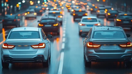 Elegant Cars Driving in Rainy Urban Traffic with Bokeh Lights at Dusk