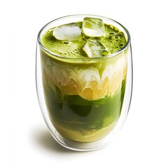 A refreshing iced matcha coffee latte served in a double walled glass tumbler featuring vibrant green layers and floating ice cubes