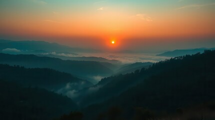 Fototapeta premium Golden Sunrise Over Misty Mountain Valley,sunrise over mountains, misty valley, golden hour, morning glow, scenic landscape, nature photography, tranquil scenery, sunrise clouds