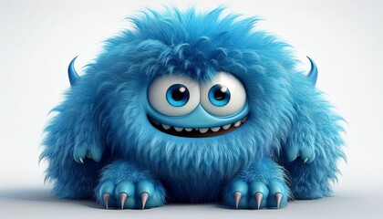 Obraz premium A 3D rendered of a blue hairy monster on top, isolated against white background; 