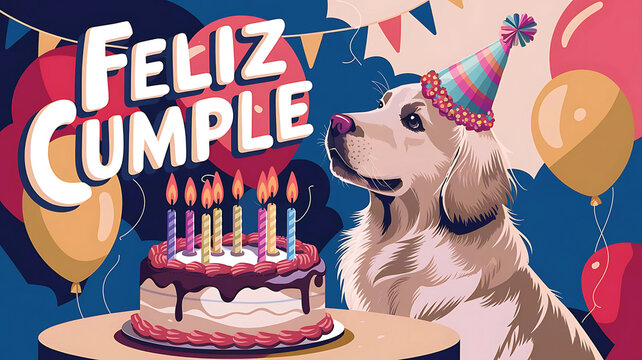 feliz cumple mami and feliz cumplea&ntilde;os mami sign Happy Birthday in Spanish language, feliz cumple Un lindo perro golden retriever con un sombrero de fiesta colorido Birthday party celebration greeting