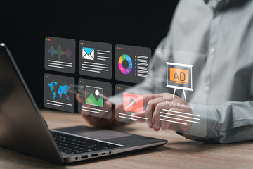 Digital marketing management concept, Businessman online sales planning digital marketing, ad,...
