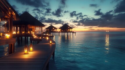 Fototapeta premium Idyllic sunset over tropical water villas with romantic candlelit pathway