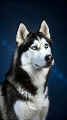 Handsome husky siberiano with blue eyes, close portrait in dark background
