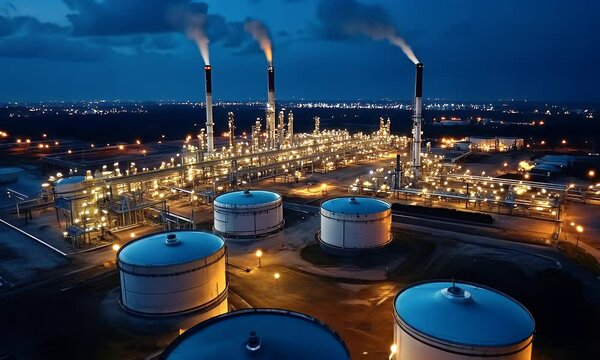 Illuminated Oil Refinery at Night with Blue Storage Tanks and Smoking Chimneys Under a Dark Blue Sky