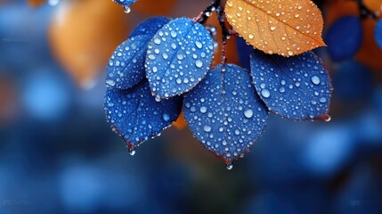 Vibrant autumn leaves, covered in dew drops.  Close-up view of multi-colored foliage, showcasing the beauty of nature's colors and textures.  Water droplets cling to the vibrant blue and orange leaves