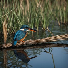 Fototapeta premium A stunning blue kingfisher perched on a reed near a tranquil lake.