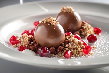 Georgian Lobio gourmet red bean pure in quenelle form, with fresh coriander oil, walnut crisp and pomegranate