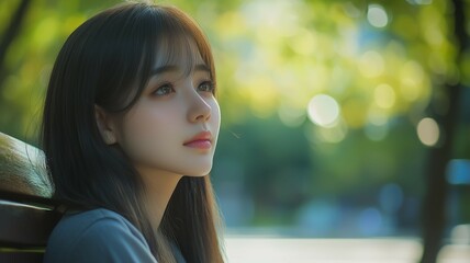 Obraz premium 公園のベンチに座る日本人女性