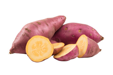 sweet potato pile, cut and whole, on white background