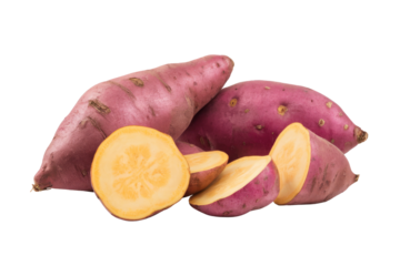 sweet potato pile, cut and whole, on white background