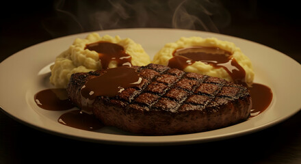 Grilled Steak With Mashed Potatoes And Gravy