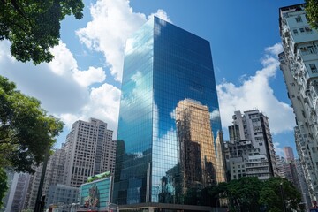 A modern skyscraper reflecting clouds and surrounding buildings in an urban landscape.