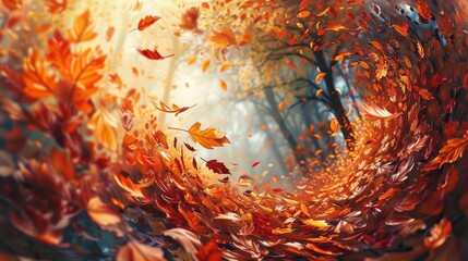 A spiral of autumn leaves blowing in the wind