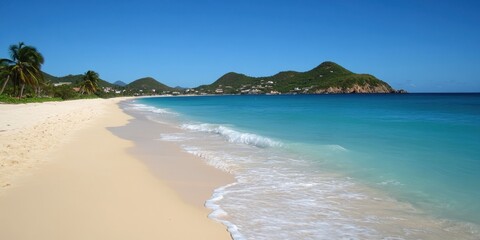 Obraz premium Serene beach scene with clear water and lush hills in the background.